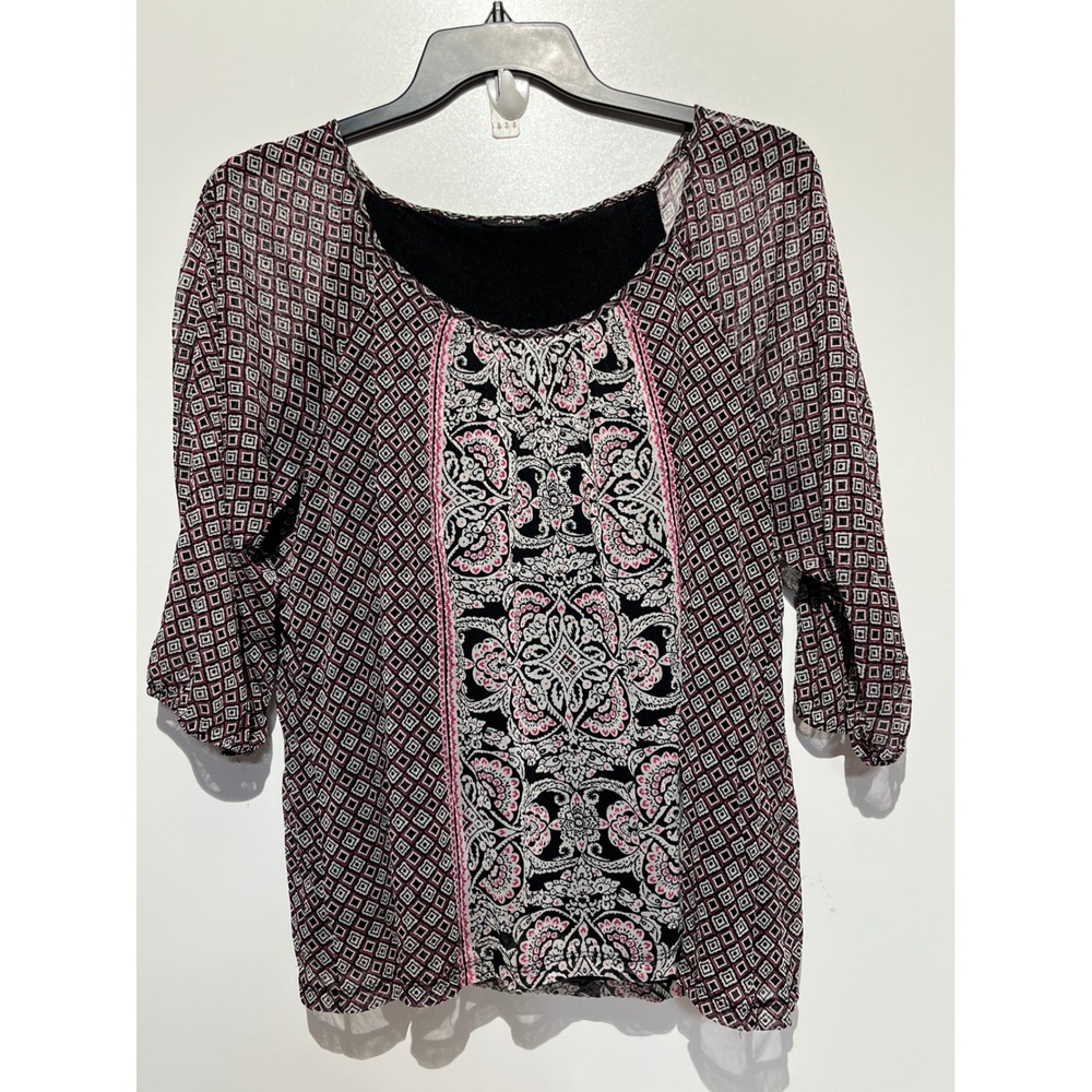 Apt. 9 Women 1X Black Pink Geometric Paisley 3/4 Sleeve Scoop Neck Blouse Top